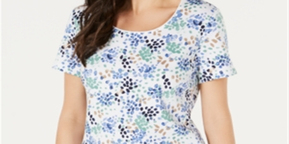 Karen Scott Women's Jewel Neck Dotted T-Shirt Blue Size Medium