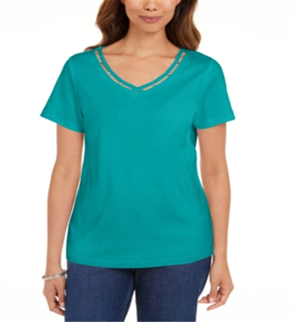 Karen Scott Women's Cotton Open Trim V Neck T-Shirt Blue Size X-Large