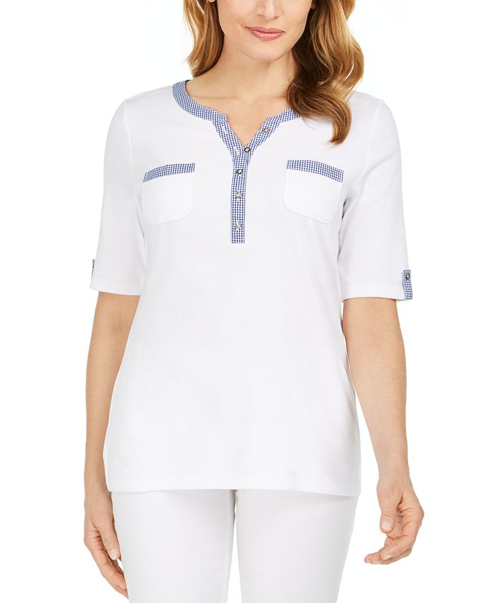 Karen Scott Women's Gingham Trim Henley Top White Size X-Small