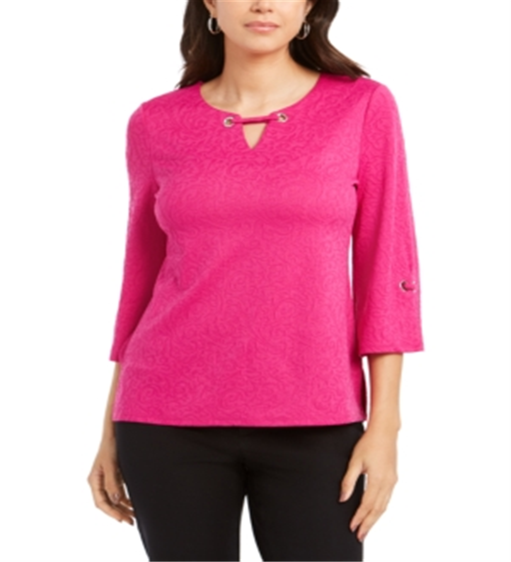 JM Collection Women's Textured Grommet Trim Keyhole Top Pink Size Large