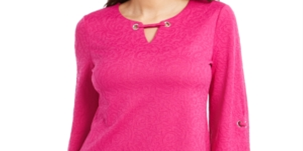 JM Collection Women's Textured Grommet Trim Keyhole Top Pink Size Large