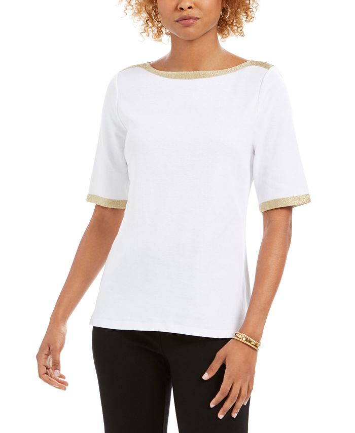 Charter Club Women's Metallic Trim Boat Neckline Top White Size Large