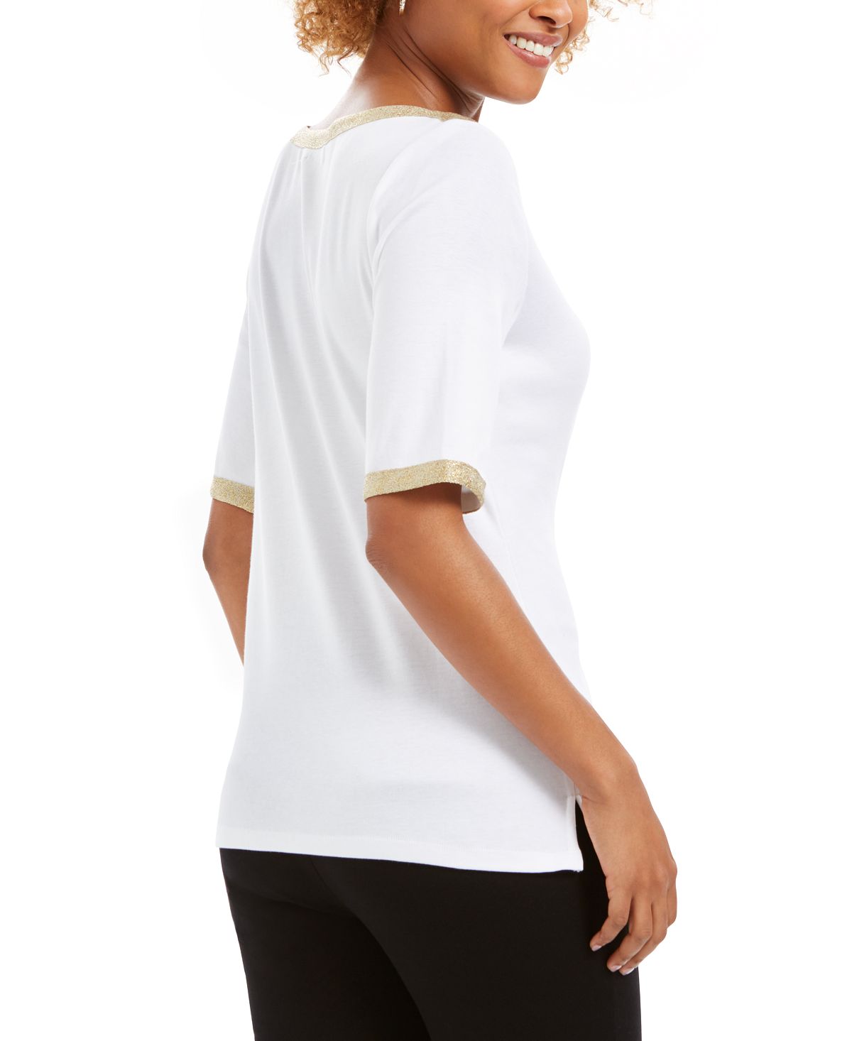 Charter Club Women's Metallic Trim Boat Neckline Top White Size Large