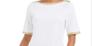 Charter Club Women's Metallic Trim Boat Neckline Top White Size Large