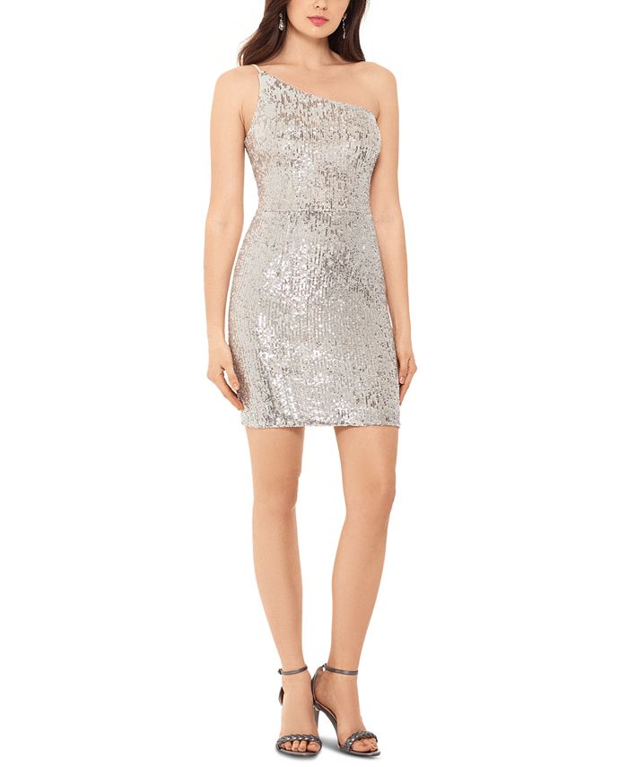 Xscape Women's Sequined Sleeveless Asymmetrical Neckline Short Body Con Party Dress Beige Size 6