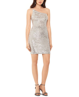 Xscape Women's Sequined Sleeveless Asymmetrical Neckline Short Body Con Party Dress Beige Size 6