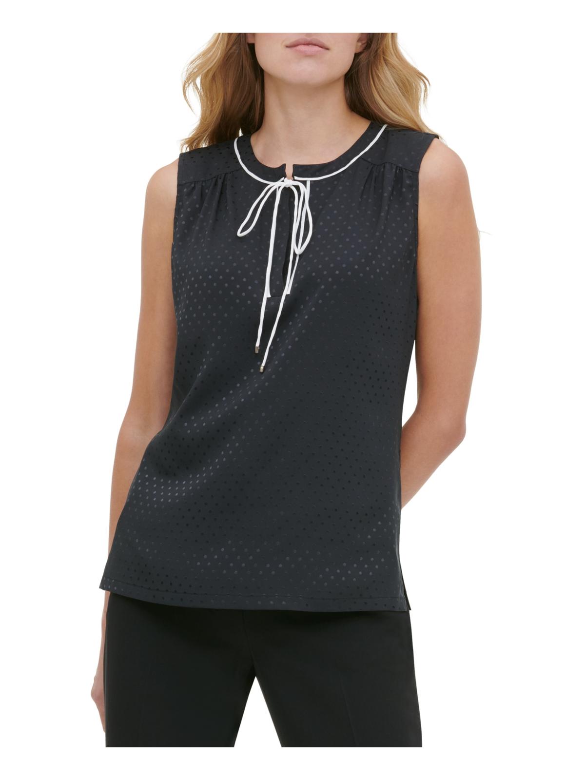 Tommy Hilfiger Women's Sleeveless Dot Print Tie Neck Blouse Black Size X-Large