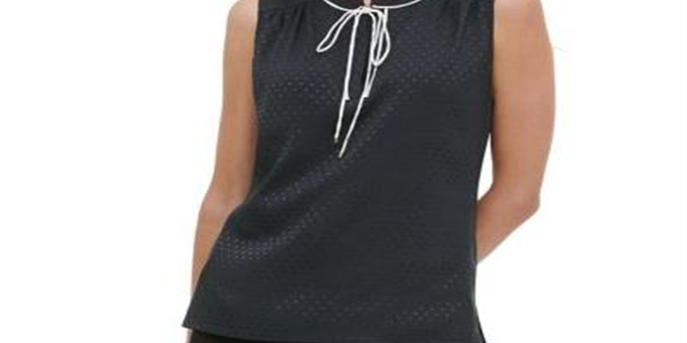 Tommy Hilfiger Women's Sleeveless Dot Print Tie Neck Blouse Black Size X-Large