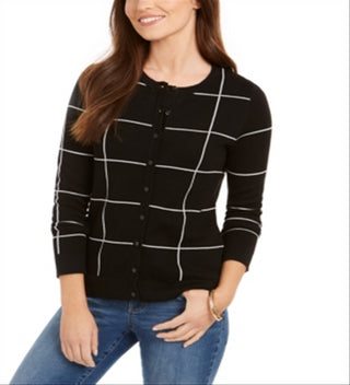 Charter Club Women's Windowpane Button Cardigan Black Size XX-Large