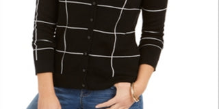 Charter Club Women's Windowpane Button Cardigan Black Size XX-Large