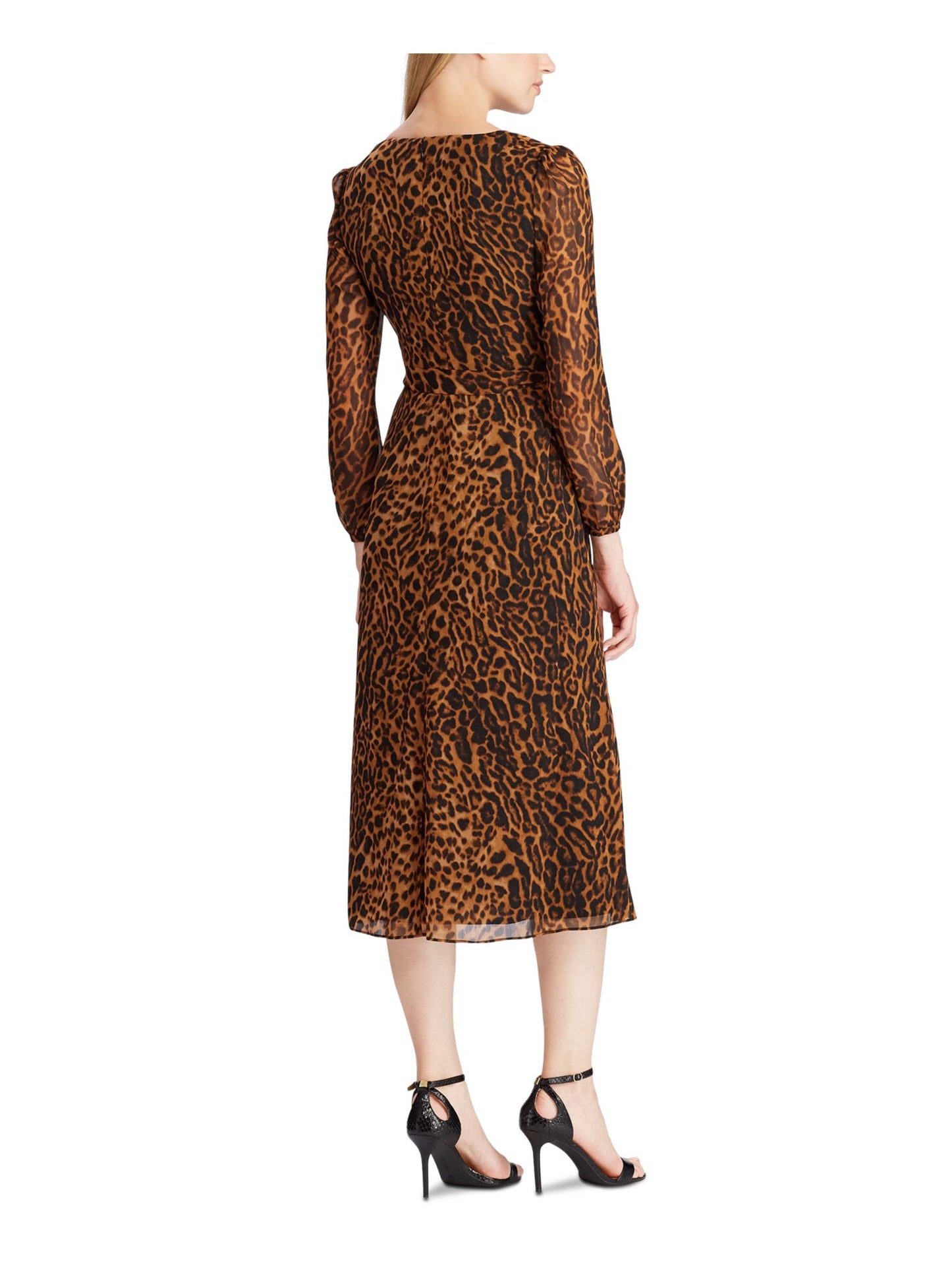 Ralph Lauren Women's Animal Print Long Sleeve V Neck Tea Length Faux Wrap Dress Brown Size 2