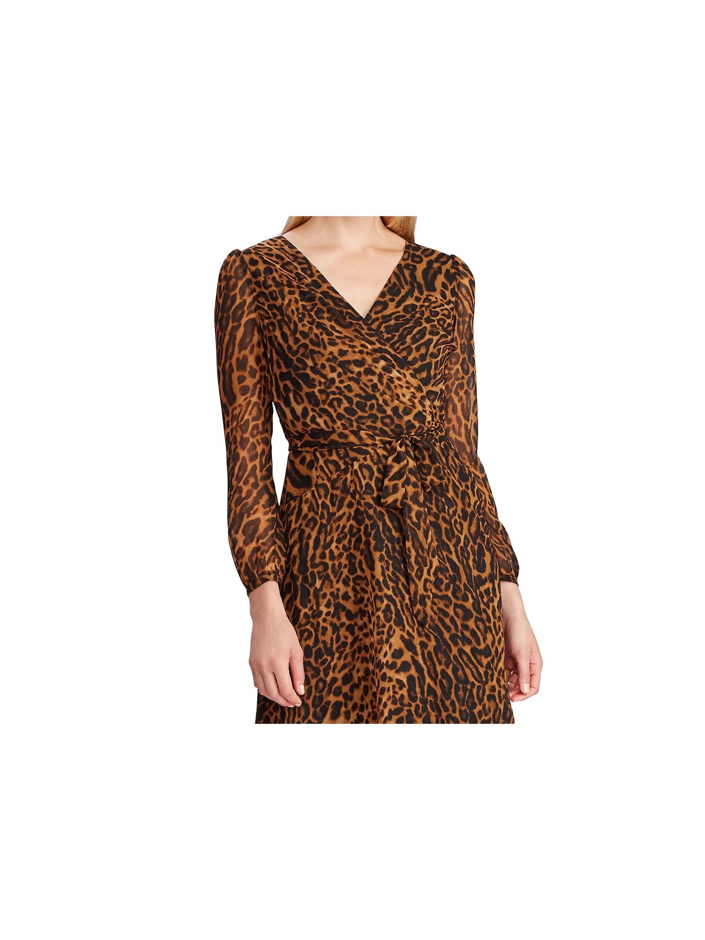 Ralph Lauren Women's Animal Print Long Sleeve V Neck Tea Length Faux Wrap Dress Brown Size 2