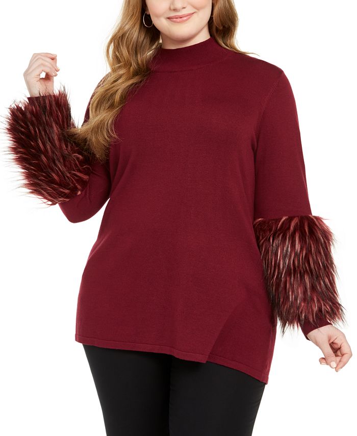 Alfani Women's Plus Faux Fur Cuff Mock Neck Tunic Sweater Red Size 4X