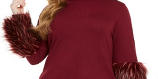 Alfani Women's Plus Faux Fur Cuff Mock Neck Tunic Sweater Red Size 4X