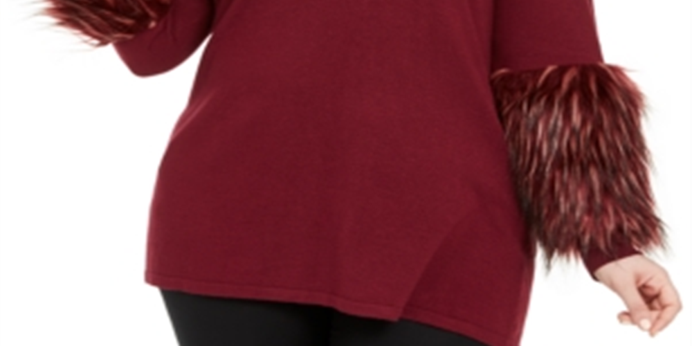 Alfani Women's Plus Faux Fur Cuff Mock Neck Tunic Sweater Red Size 4X