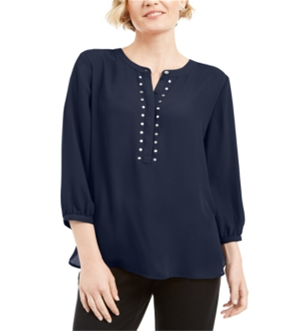 JM Collection Women's Rivet Pleated Back Blouse Blue Size Small