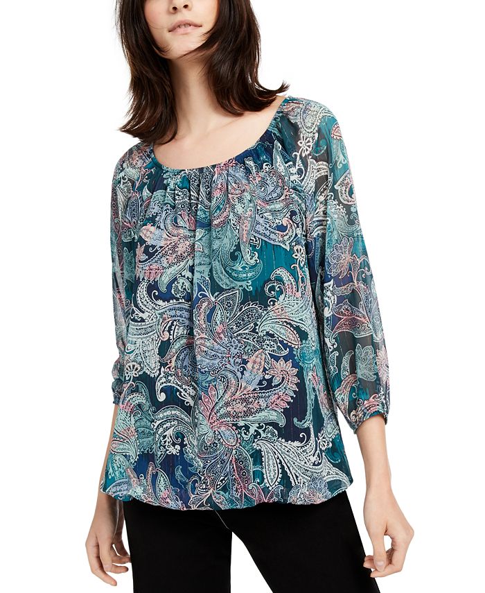 NY Collection Women's Printed Blouson Pullover Top Green Size Petite Medium