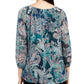 NY Collection Women's Printed Blouson Pullover Top Green Size Petite Medium