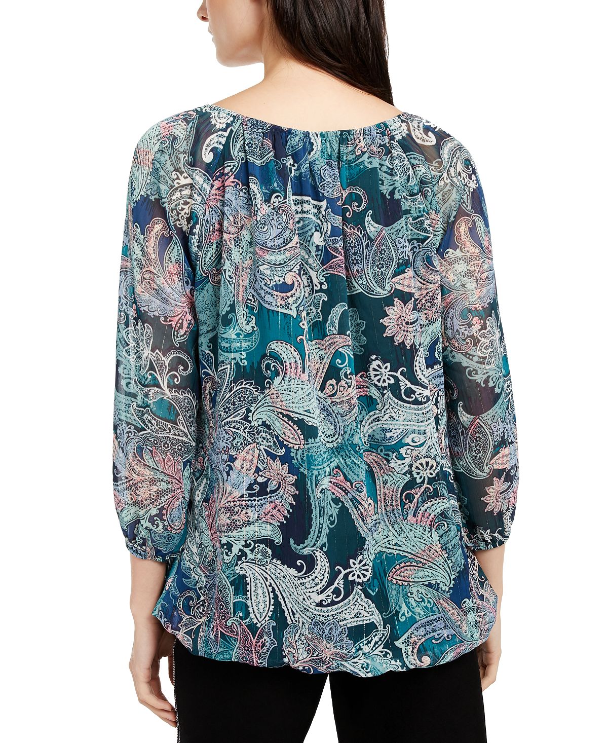 NY Collection Women's Printed Blouson Pullover Top Green Size Petite Medium