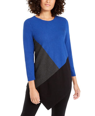 Alfani Women's Colorblocked Asymmetrical Tunic Blue Size Petite Small