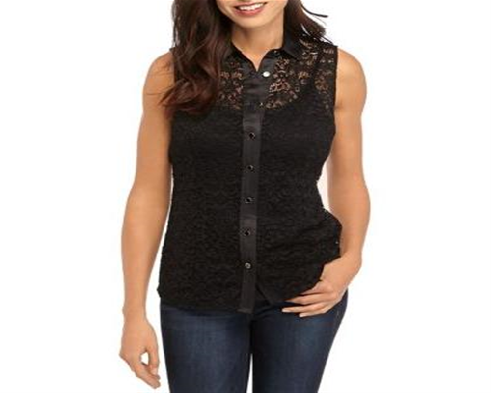 Anne Klein Women's Corded LACE Sleeveless Button Front Blouse Black Size 16