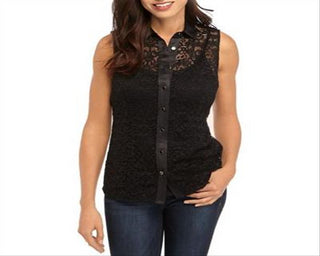 Anne Klein Women's Corded LACE Sleeveless Button Front Blouse Black Size 16