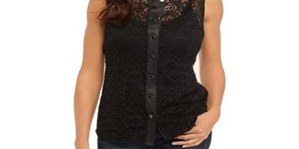 Anne Klein Women's Corded LACE Sleeveless Button Front Blouse Black Size 16