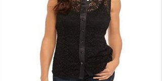 Anne Klein Women's Corded LACE Sleeveless Button Front Blouse Black Size 16