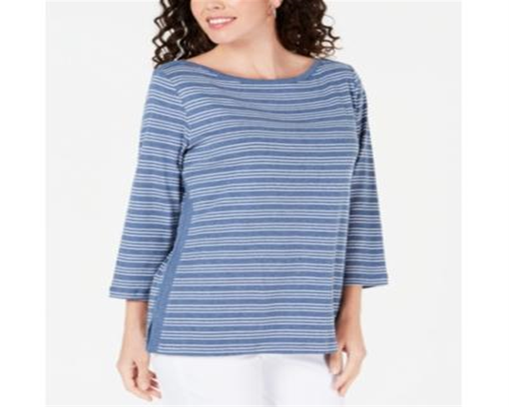 Karen Scott Women's Cotton Striped Vented Hem Top Blue Size X-Large