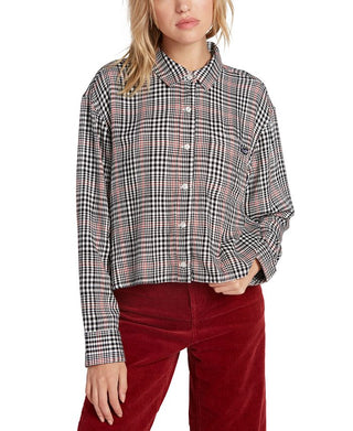 Volcom Women's Junior's Fad Friend Drop Shoulder Button Up Shirt, Black Plaid Size XS