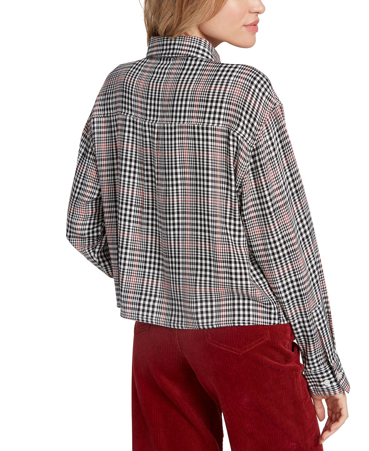 Volcom Women's Junior's Fad Friend Drop Shoulder Button Up Shirt, Black Plaid Size XS