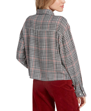 Volcom Women's Junior's Fad Friend Drop Shoulder Button Up Shirt, Black Plaid Size XS
