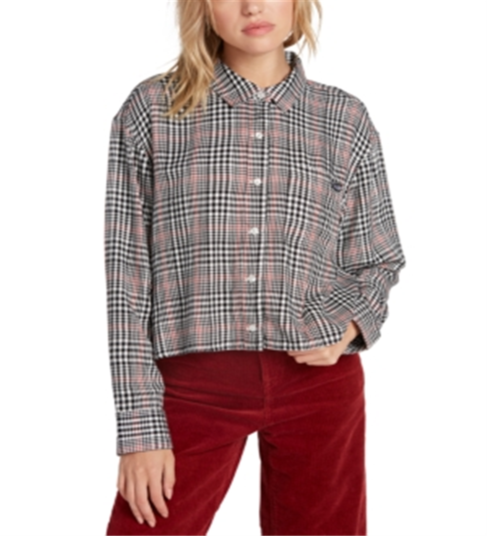 Volcom Women's Junior's Fad Friend Drop Shoulder Button Up Shirt, Black Plaid Size XS
