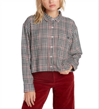 Volcom Women's Junior's Fad Friend Drop Shoulder Button Up Shirt, Black Plaid Size XS