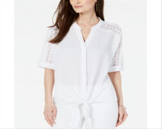 Alfani Women's Lace Inset Tie Front Top White Size Petite S