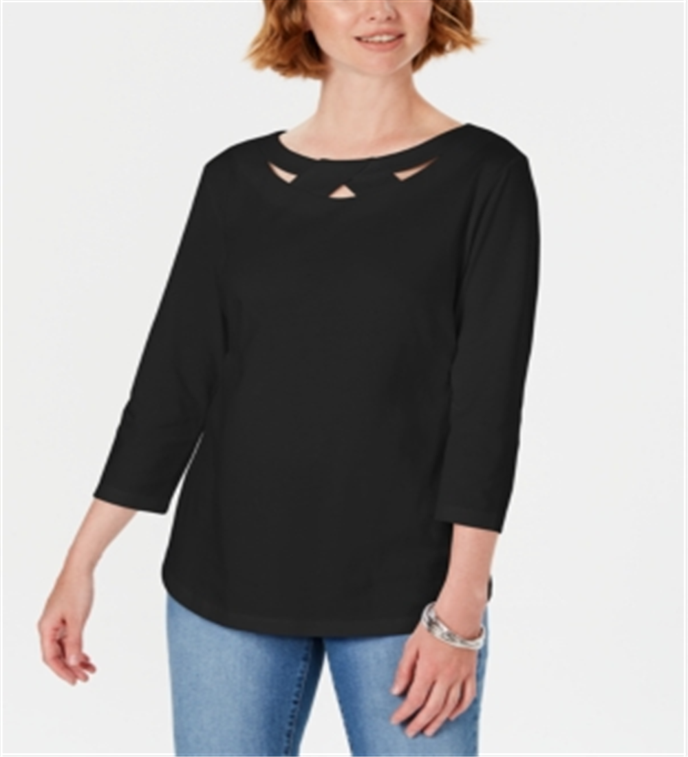 Karen Scott Women's Three Quarter Sleeve Cutout Top Black Size Medium