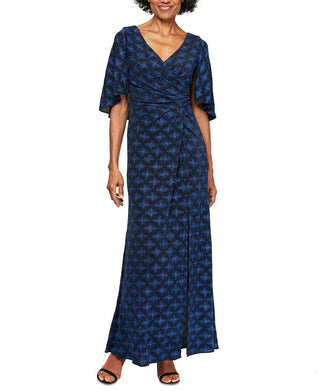 Alex Evenings Women's Glitter Short Sleeve V Neck Maxi Sheath Evening Dress Blue Size 14