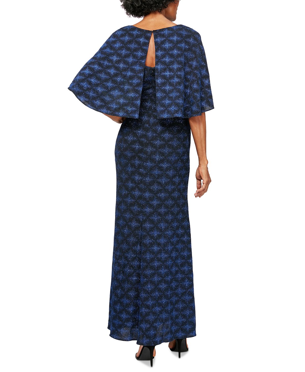 Alex Evenings Women's Glitter Short Sleeve V Neck Maxi Sheath Evening Dress Blue Size 14