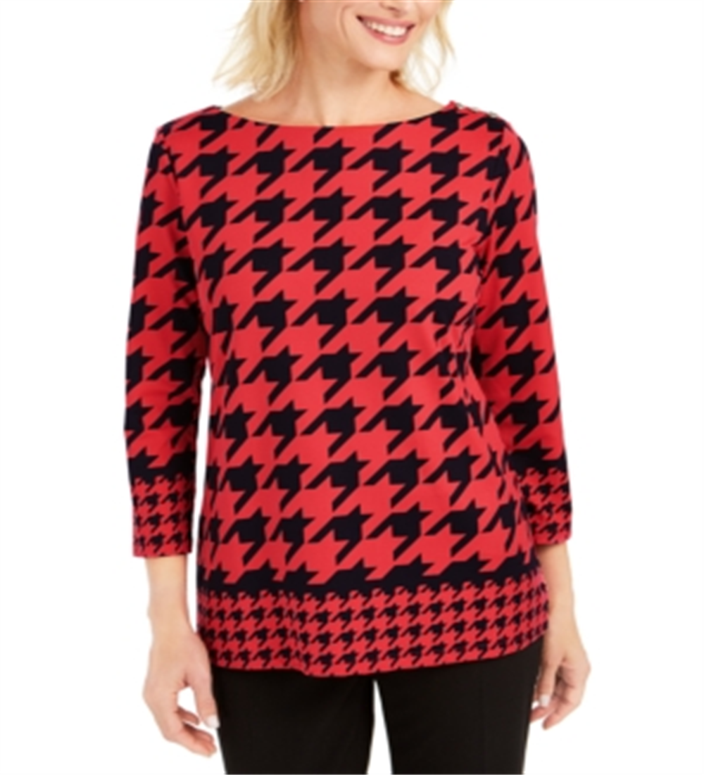Charter Club Women's Houndstooth 3/4 Sleeve Top Red Size X-Small