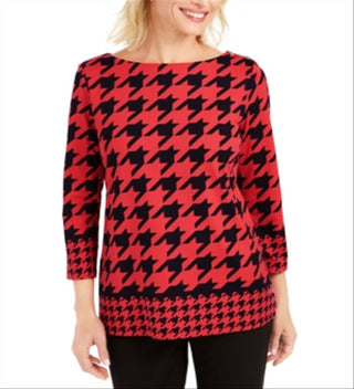 Charter Club Women's Houndstooth 3/4 Sleeve Top Red Size X-Small