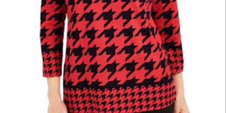 Charter Club Women's Houndstooth 3/4 Sleeve Top Red Size X-Small