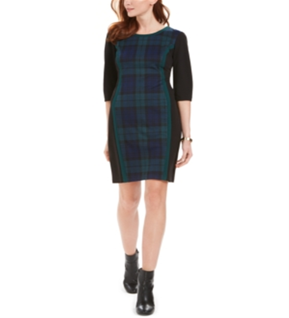 Connected Women's olorblocked Plaid Sheath Dress -Green Size 12P