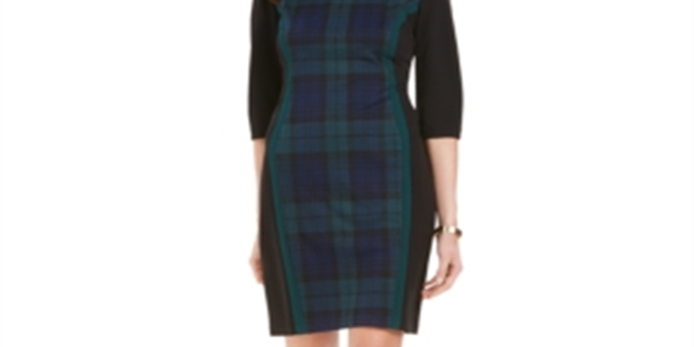 Connected Women's olorblocked Plaid Sheath Dress -Green Size 12P