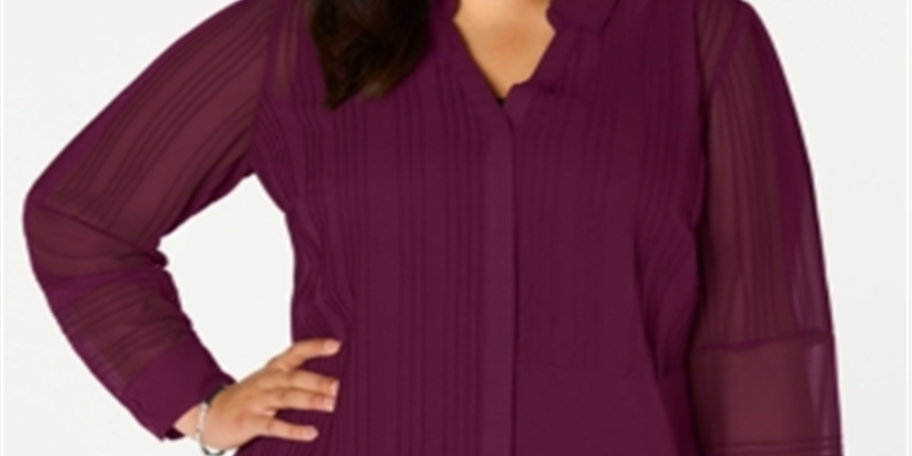 Alfani Women's Plus Sheer Pintuck Button Down Top Red Size 0X