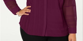 Alfani Women's Plus Sheer Pintuck Button Down Top Red Size 0X