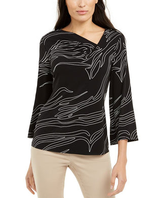 Alfani Women's Printed Asymmetrical Neck Top Black Size Small