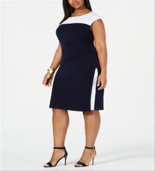 Connected Apparel Women's Plus Ruched Colorblock Sheath Dress Navy Size 20W