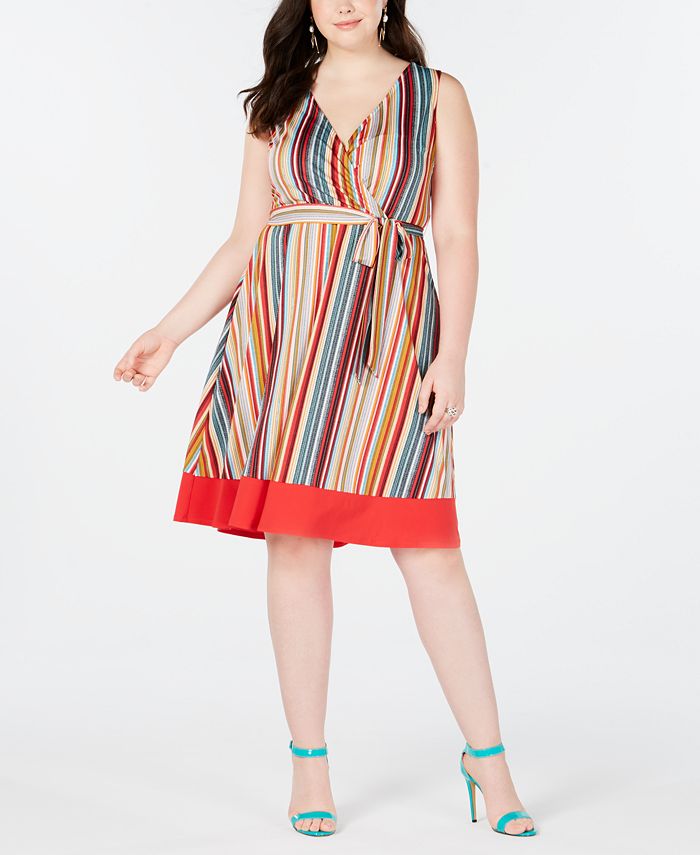 Love Squared Women's Striped Sleeveless V Neck Knee Length Faux Wrap Dress Red Size 2X