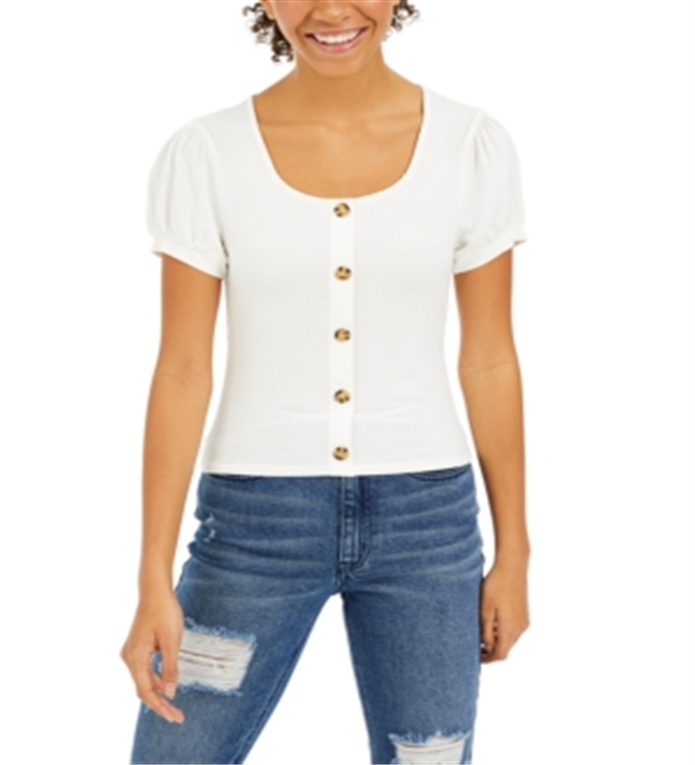 Pink Rose Junior's Ribbed Puff Sleeve Top White Size Medium