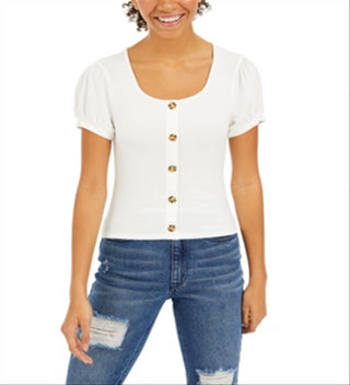 Pink Rose Junior's Ribbed Puff Sleeve Top White Size Medium